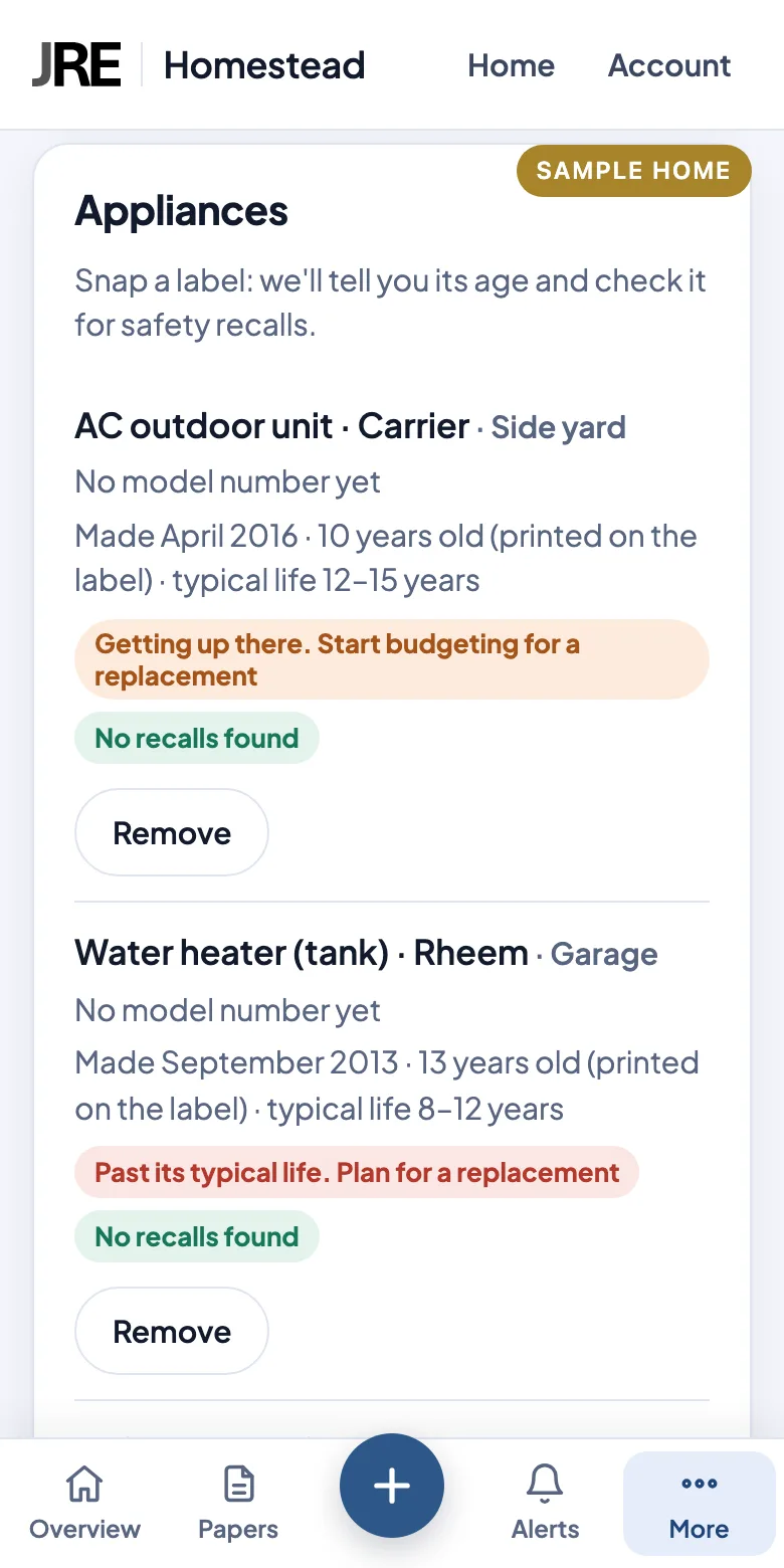 JRE Homestead on a phone: appliance list showing each appliance's age, typical life and safety recall status