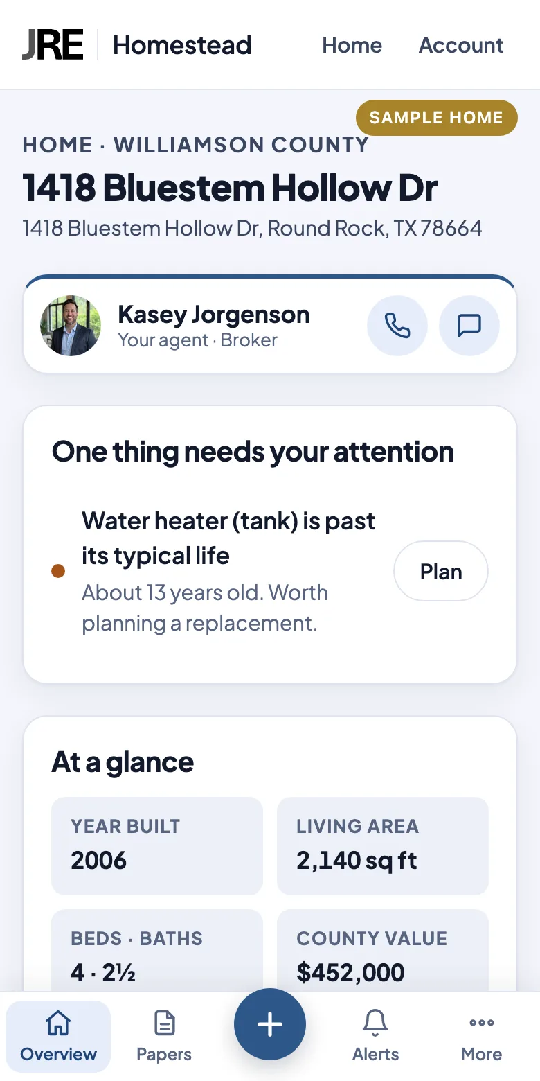 JRE Homestead on a phone: a sample home's overview with the agent's contact card, one item that needs attention, and the home's facts at a glance